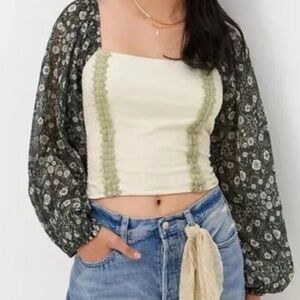 Anthropologie Forever That Girl Small Smocked Sheer Floral Sleeve Corset Top